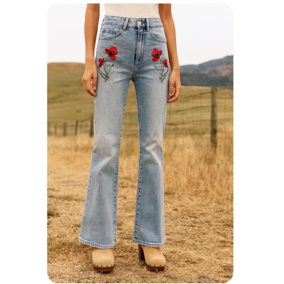 MISS SIXTY Light Blue Flare Jeans with Red Floral Embroidery Size 26 - Picture 1 of 16